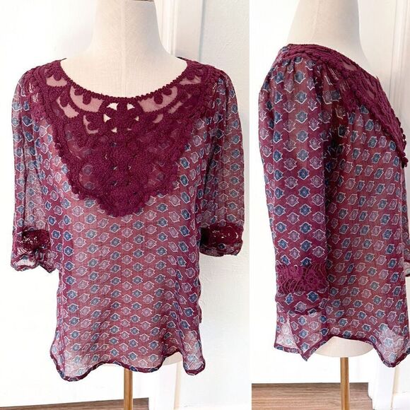 Nordstrom Bobeau Sheer Lace Front Printed Blouse in Burgundy S - Picture 1 of 2